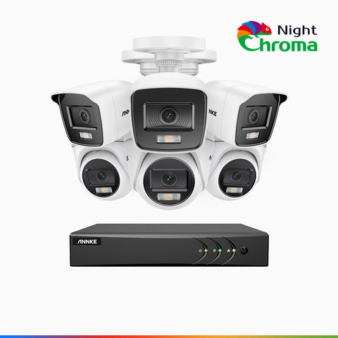 NightChroma<sup>TM</sup> NAK200 - Kit videosorveglianza 16 canali 1080p, 3 telecamere bullet e 3 telecamere turret, visione notturna a colori Acme, f / 1.0 Super Apertura, 0.001 Lux, 121° FoV, Allineamento Attivo