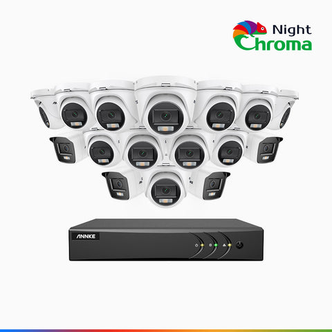 NightChroma<sup>TM</sup> NAK200 - Kit videosorveglianza 16 canali 1080p, 4 telecamere bullet e 12 telecamere turret, visione notturna a colori Acme, f / 1.0 Super Apertura, 0.001 Lux, 121° FoV, Allineamento Attivo
