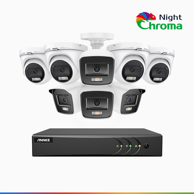 NightChroma<sup>TM</sup> NAK200 - Kit videosorveglianza 16 canali 1080p, 4 telecamere bullet e 4 telecamere turret, visione notturna a colori Acme, f / 1.0 Super Apertura, 0.001 Lux, 121° FoV, Allineamento Attivo