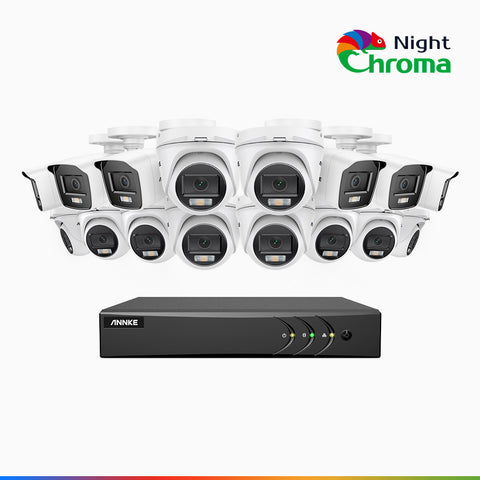 NightChroma<sup>TM</sup> NAK200 - Kit videosorveglianza 16 canali 1080p, 6 telecamere bullet e 10 telecamere turret, visione notturna a colori Acme, f / 1.0 Super Apertura, 0.001 Lux, 121° FoV, Allineamento Attivo