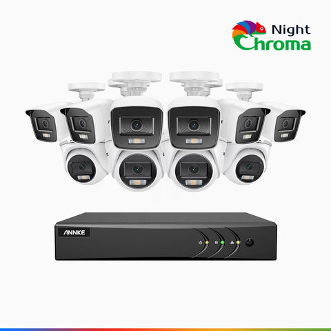 NightChroma<sup>TM</sup> NAK200 - Kit videosorveglianza 16 canali 1080p, 6 telecamere bullet e 4 telecamere turret, visione notturna a colori Acme, f / 1.0 Super Apertura, 0.001 Lux, 121° FoV, Allineamento Attivo