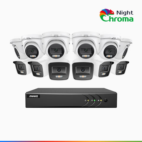 NightChroma<sup>TM</sup> NAK200 - Kit videosorveglianza 16 canali 1080p, 6 telecamere bullet e 6 telecamere turret, visione notturna a colori Acme, f / 1.0 Super Apertura, 0.001 Lux, 121° FoV, Allineamento Attivo