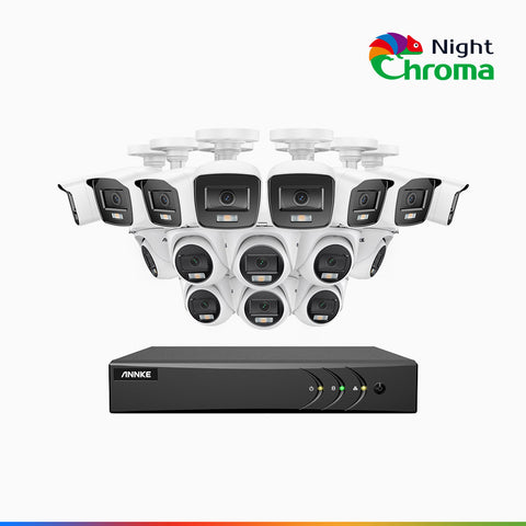 NightChroma<sup>TM</sup> NAK200 - Kit videosorveglianza 16 canali 1080p, 8 telecamere bullet e 8 telecamere turret, visione notturna a colori Acme, f / 1.0 Super Apertura, 0.001 Lux, 121° FoV, Allineamento Attivo