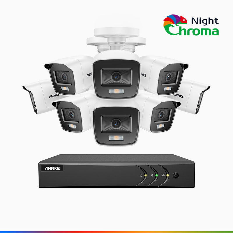 NightChroma<sup>TM</sup> NAK200 - Kit videosorveglianza 16 canali con 8 telecamere 1080p, visione notturna a colori Acme, f / 1.0 Super Apertura, 0.001 Lux, 121° FoV, Allineamento Attivo