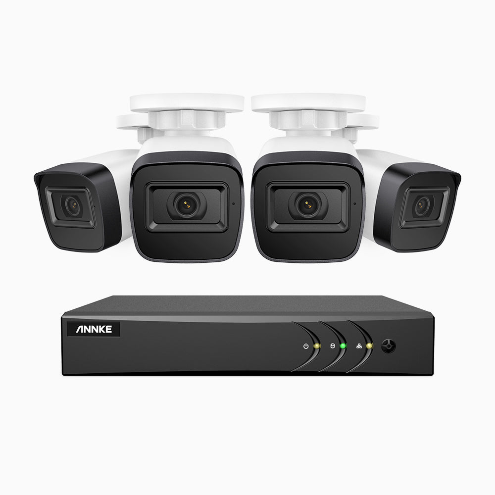 EL200 - Kit videosorveglianza analogica 8 canali con 4 telecamere 1080p, Smart DVR con rilevamento umano e veicoli, visione notturna a infrarossi fino a 66 piedi, segnale di uscita 4-in-1, IP67