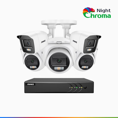 NightChroma<sup>TM</sup> NAK200 - Kit videosorveglianza 8 canali 1080p, 2 telecamere bullet e 3 telecamere turret, visione notturna a colori Acme, f / 1.0 Super Apertura, 0.001 Lux, 121° FoV, Allineamento Attivo