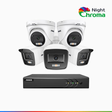 NightChroma<sup>TM</sup> NAK200 - Kit videosorveglianza 8 canali 1080p, 3 telecamere bullet e 2 telecamere turret, visione notturna a colori Acme, f / 1.0 Super Apertura, 0.001 Lux, 121° FoV, Allineamento Attivo