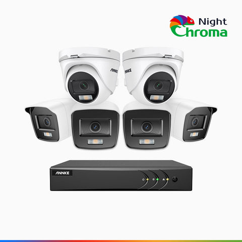 NightChroma<sup>TM</sup> NAK200 - Kit videosorveglianza 8 canali 1080p, 4 telecamere bullet e 2 telecamere turret, visione notturna a colori Acme, f / 1.0 Super Apertura, 0.001 Lux, 121° FoV, Allineamento Attivo