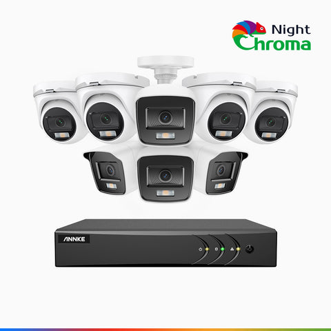 NightChroma<sup>TM</sup> NAK200 - Kit videosorveglianza 8 canali 1080p, 4 telecamere bullet e 4 telecamere turret, visione notturna a colori Acme, f / 1.0 Super Apertura, 0.001 Lux, 121° FoV, Allineamento Attivo