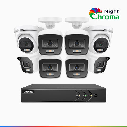 NightChroma<sup>TM</sup> NAK200 - Kit videosorveglianza 8 canali 1080p, 6 telecamere bullet e 2 telecamere turret, visione notturna a colori Acme, f / 1.0 Super Apertura, 0.001 Lux, 121° FoV, Allineamento Attivo