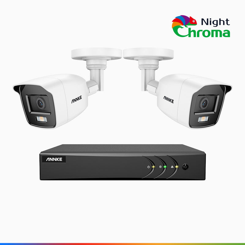 NightChroma<sup>TM</sup> NAK200 - Kit videosorveglianza 8 canali con 2 telecamere 1080p, visione notturna a colori Acme, f / 1.0 Super Apertura, 0.001 Lux, 121° FoV, Allineamento Attivo