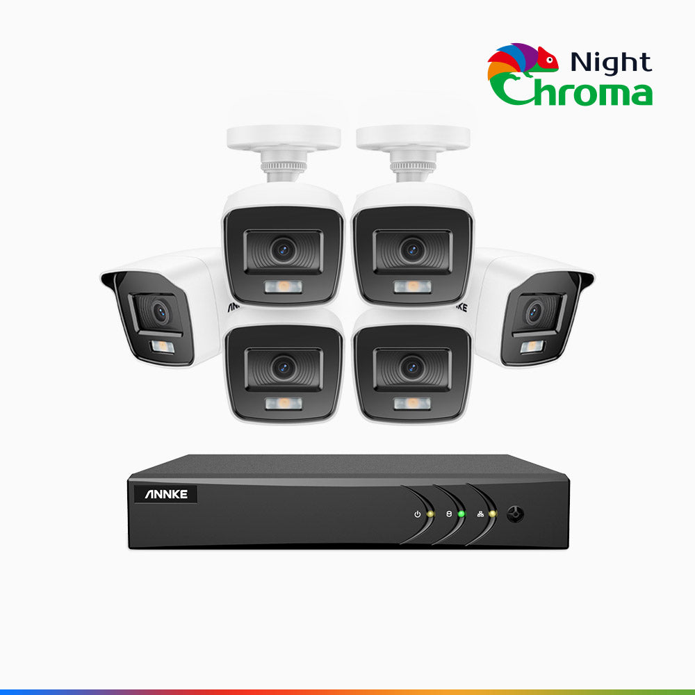 NightChroma<sup>TM</sup> NAK200 - Kit videosorveglianza 8 canali con 6 telecamere 1080p, visione notturna a colori Acme, f / 1.0 Super Apertura, 0.001 Lux, 121° FoV, Allineamento Attivo