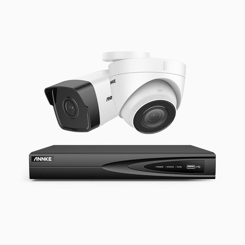 H500 - Kit videosorveglianza PoE 4 canali 5 MPX, 1 telecamera bullet e 1 telecamera turret, EXIR Visione Notturna, microfono integrato, IP67, supporta ONVIF e RTSP