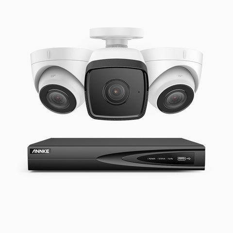 H500 - Kit videosorveglianza PoE 4 canali 5 MPX, 1 telecamera bullet e 2 telecamere turret, EXIR Visione Notturna, microfono integrato, IP67, supporta ONVIF e RTSP