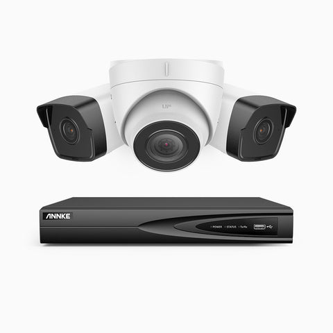 H500 - Kit videosorveglianza PoE 4 canali 5 MPX, 2 telecamere bullet e 1 telecamera turret, EXIR Visione Notturna, microfono integrato, IP67, supporta ONVIF e RTSP