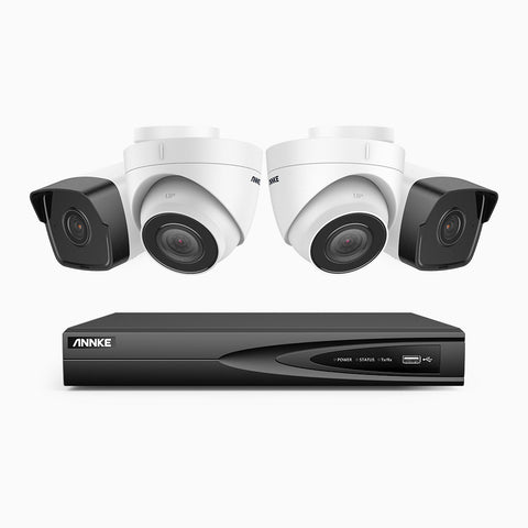 H500 - Kit videosorveglianza PoE 4 canali 5 MPX, 2 telecamere bullet e 2 telecamere turret, EXIR Visione Notturna, microfono integrato, IP67, supporta ONVIF e RTSP
