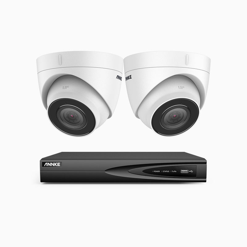 H500 - Kit videosorveglianza PoE 4 canali con 2 telecamere 5 MPX, EXIR Visione Notturna, microfono integrato, IP67, supporta ONVIF e RTSP