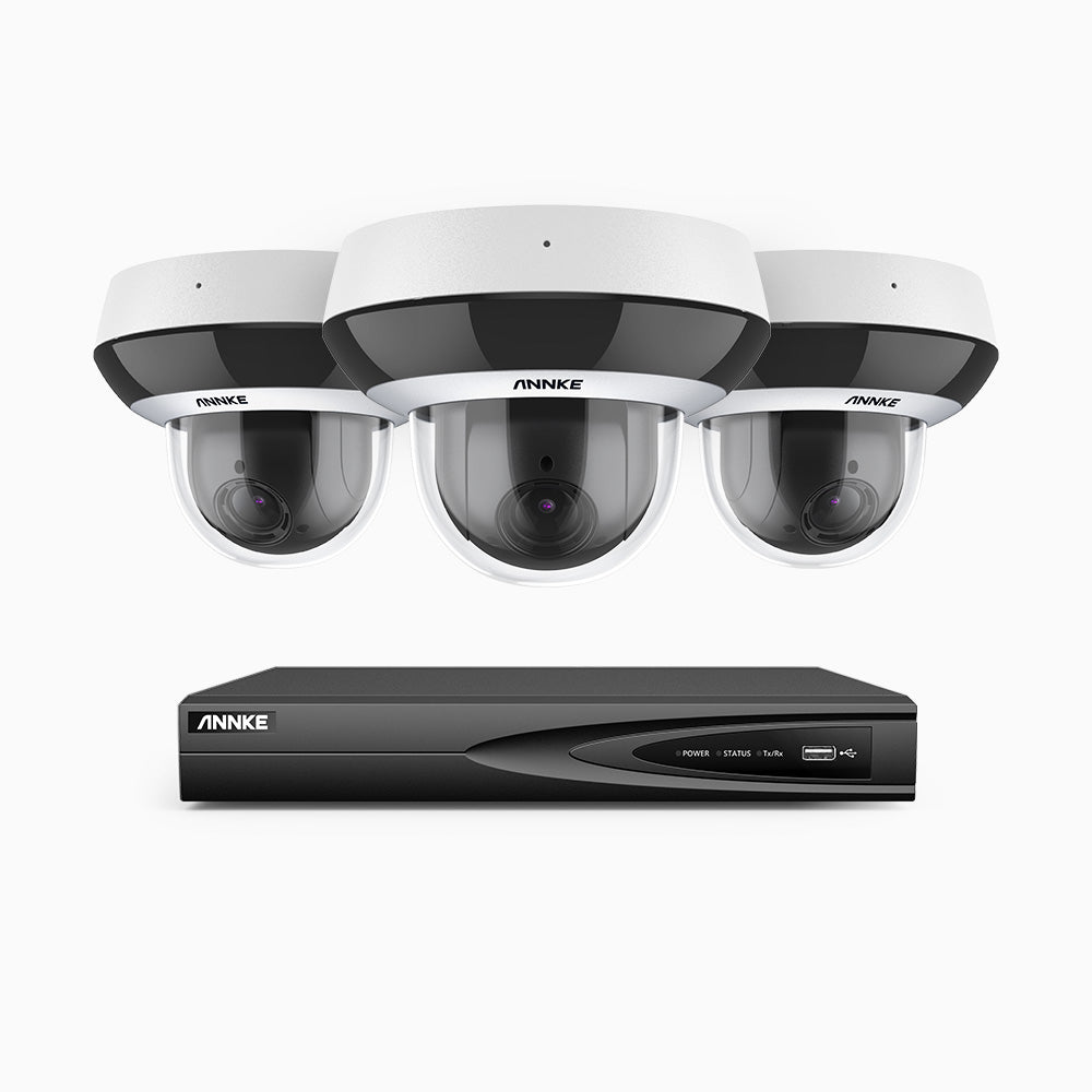 HCZ504 - Kit videosorveglianza PoE PTZ 4 canali con 3 telecamere 3K, zoom ottico 4X, resistente ai vandalismi IK10, obiettivo 2,8-12 mm, analisi intelligente del comportamento, visione notturna a colori e antiappannamento