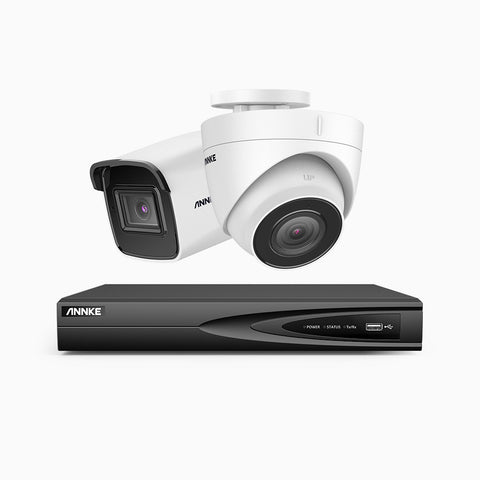 H800 - Kit videosorveglianza PoE 4 canali 8 MPX (4K), 1 telecamera bullet e 1 telecamera turret, visione notturna a colori e IR,microfono integrato, riconoscere di persone e veicoli, supporta ONVIF e RTSP
