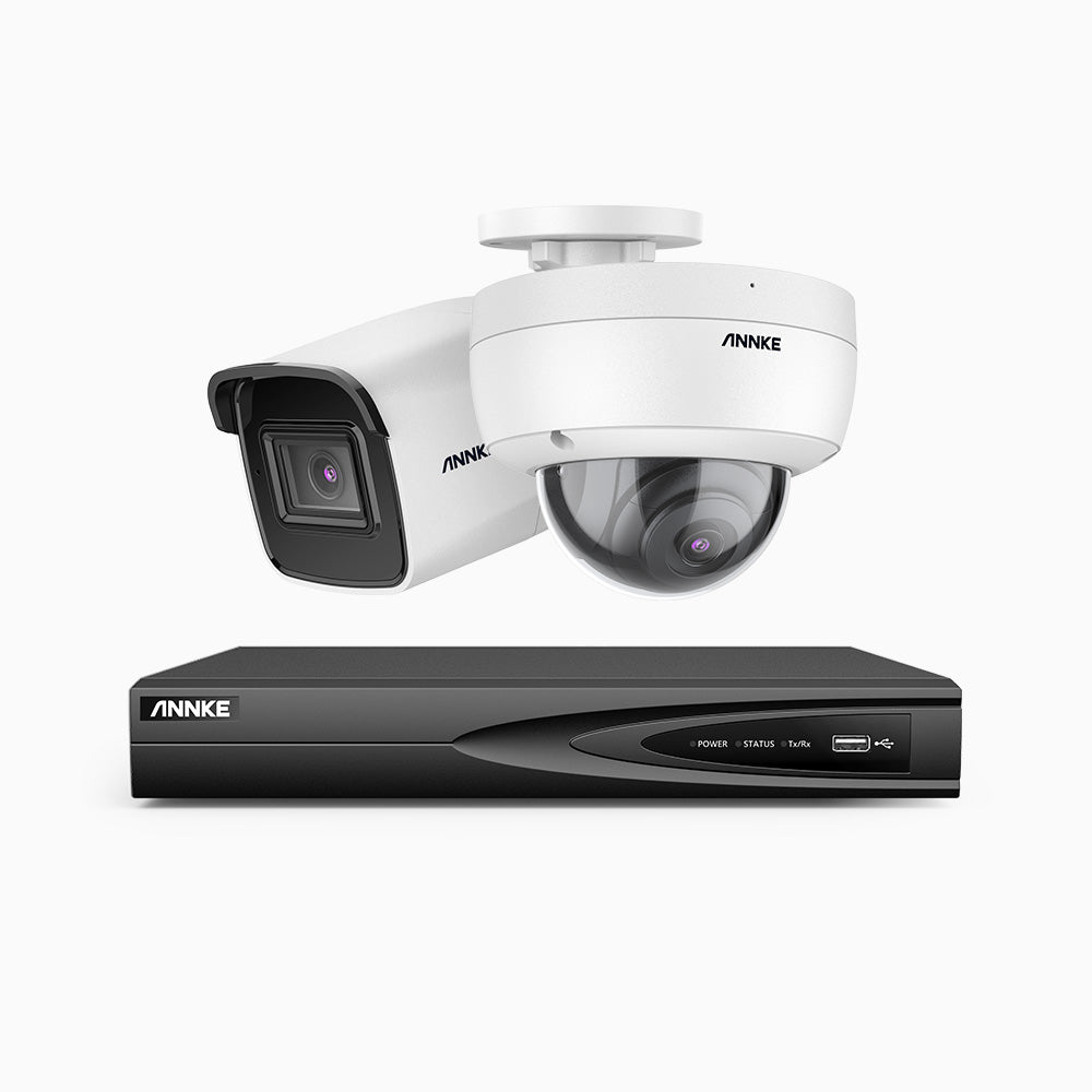 H800 - Kit videosorveglianza PoE 4 canali 8 MPX (4K), 1 telecamera bullet e 1 telecamera dome, resistente ai vandalismi IK10, visione notturna a colori e IR, microfono integrato, riconoscere di persone e veicoli, supporta ONVIF e RTSP