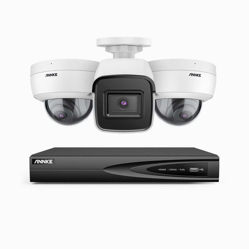 H800 - Kit videosorveglianza PoE 4 canali 8 MPX (4K), 1 telecamera bullet e 2 telecamere dome, resistente ai vandalismi IK10, visione notturna a colori e IR, microfono integrato, riconoscere di persone e veicoli, supporta ONVIF e RTSP