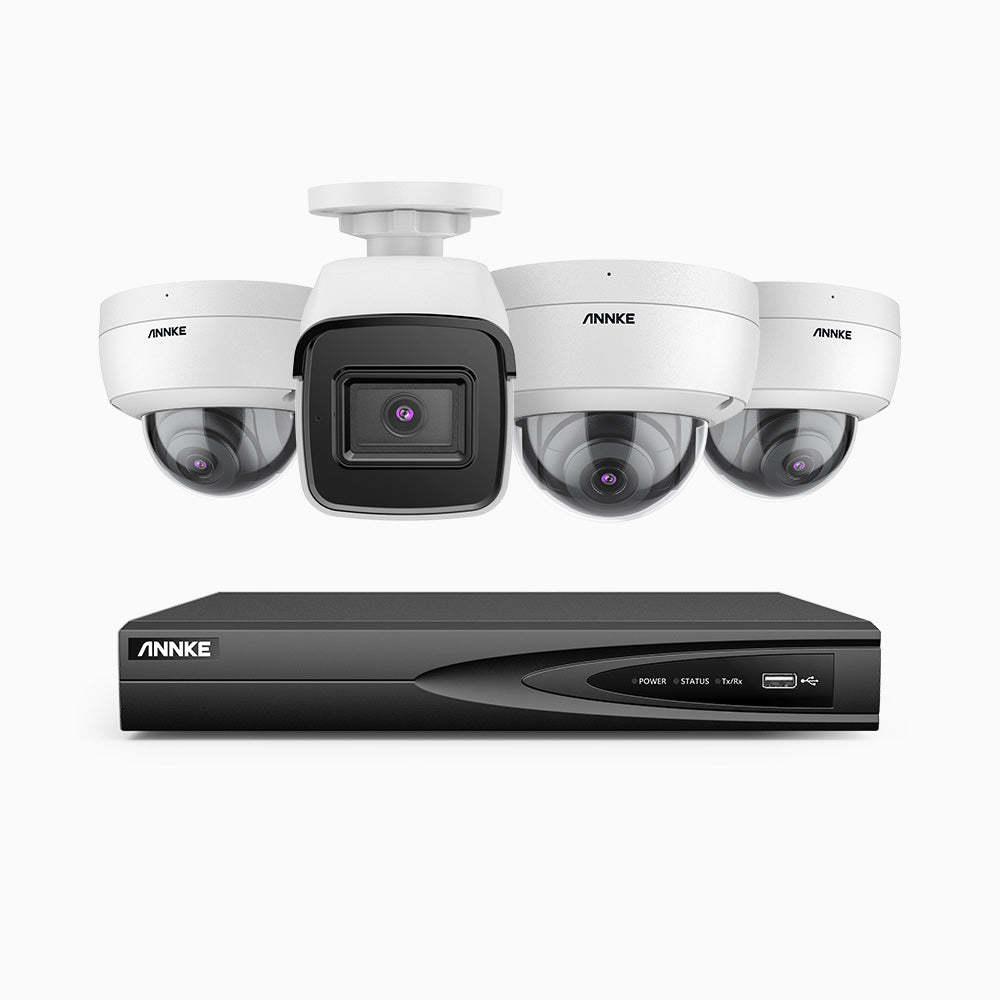 H800 - Kit videosorveglianza PoE 4 canali 8 MPX (4K), 1 telecamera bullet e 3 telecamere dome, resistente ai vandalismi IK10, visione notturna a colori e IR, microfono integrato, riconoscere di persone e veicoli, supporta ONVIF e RTSP