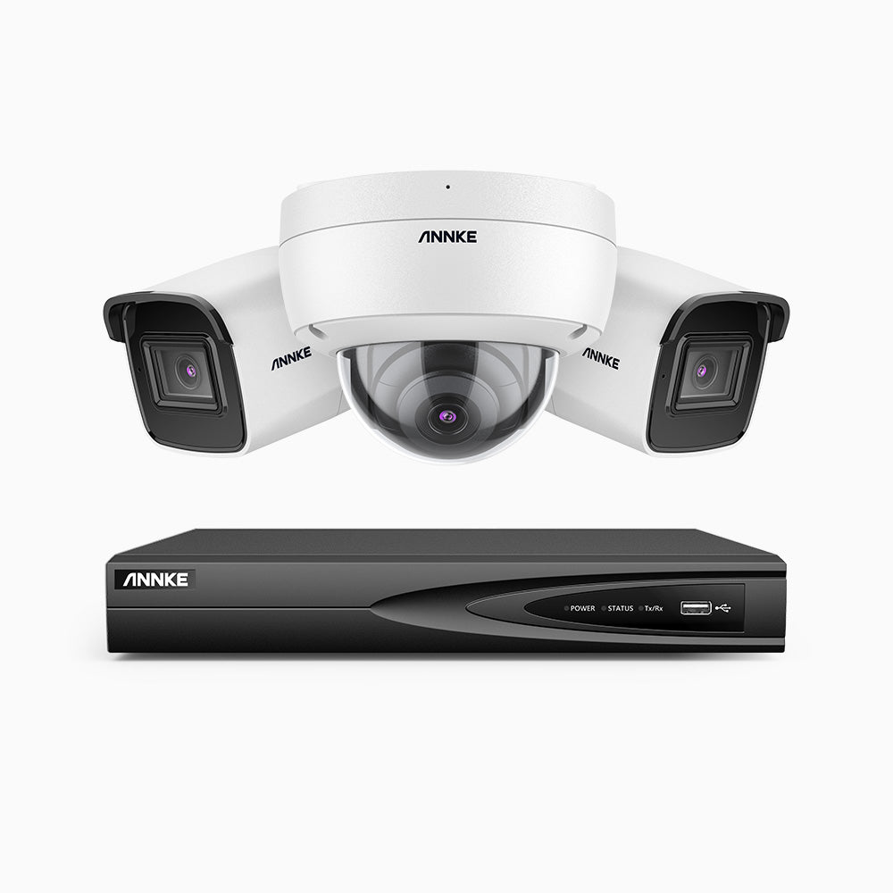 H800 - Kit videosorveglianza PoE 4 canali 8 MPX (4K), 2 telecamere bullet e 1 telecamera dome, resistente ai vandalismi IK10, visione notturna a colori e IR, microfono integrato, riconoscere di persone e veicoli, supporta ONVIF e RTSP