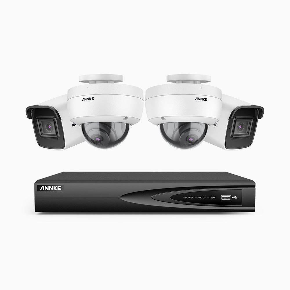 H800 - Kit videosorveglianza PoE 4 canali 8 MPX (4K), 2 telecamere bullet e 2 telecamere dome, resistente ai vandalismi IK10, visione notturna a colori e IR, microfono integrato, riconoscere di persone e veicoli, supporta ONVIF e RTSP