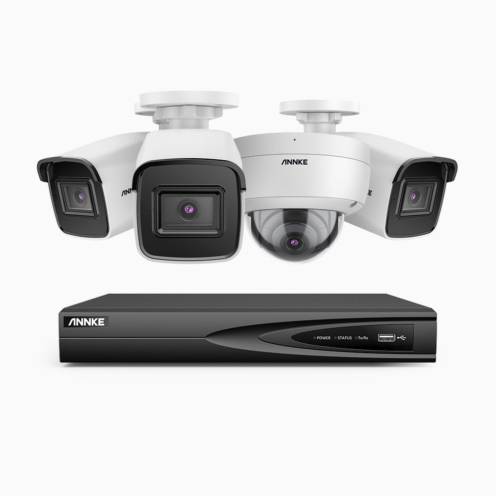 H800 - Kit videosorveglianza PoE 4 canali 8 MPX (4K), 3 telecamere bullet e 1 telecamera dome, resistente ai vandalismi IK10, visione notturna a colori e IR, microfono integrato, riconoscere di persone e veicoli, supporta ONVIF e RTSP