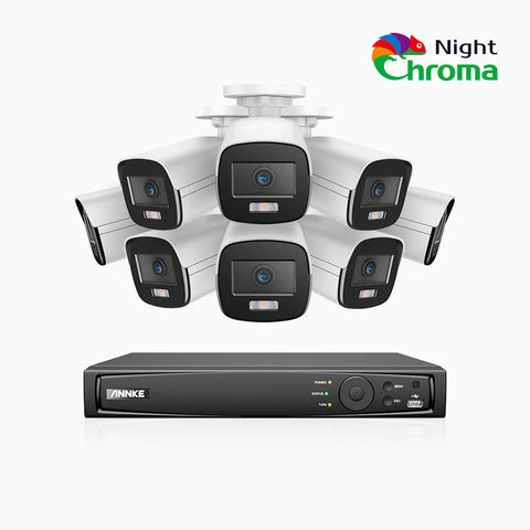 NightChroma<sup>TM</sup> NCK500 - Kit videosorveglianza PoE 16 canali con 8 telecamere 3K, visione notturna a colori Acme, f/1.0 Super apertura, 0.001 Lux, allineamento attivo, microfono integrato, slot scheda MicroSD