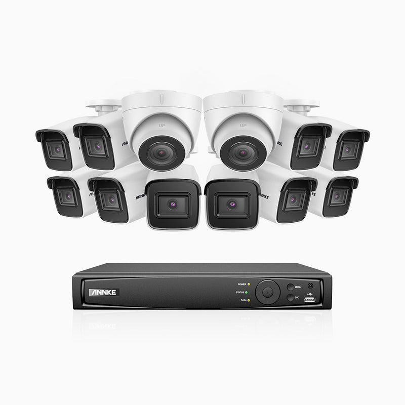 H800 - Kit videosorveglianza PoE 16 canali 8 MPX (4K), 10 telecamere bullet e 2 telecamere turret, visione notturna a colori e IR,microfono integrato, riconoscere di persone e veicoli, supporta ONVIF e RTSP