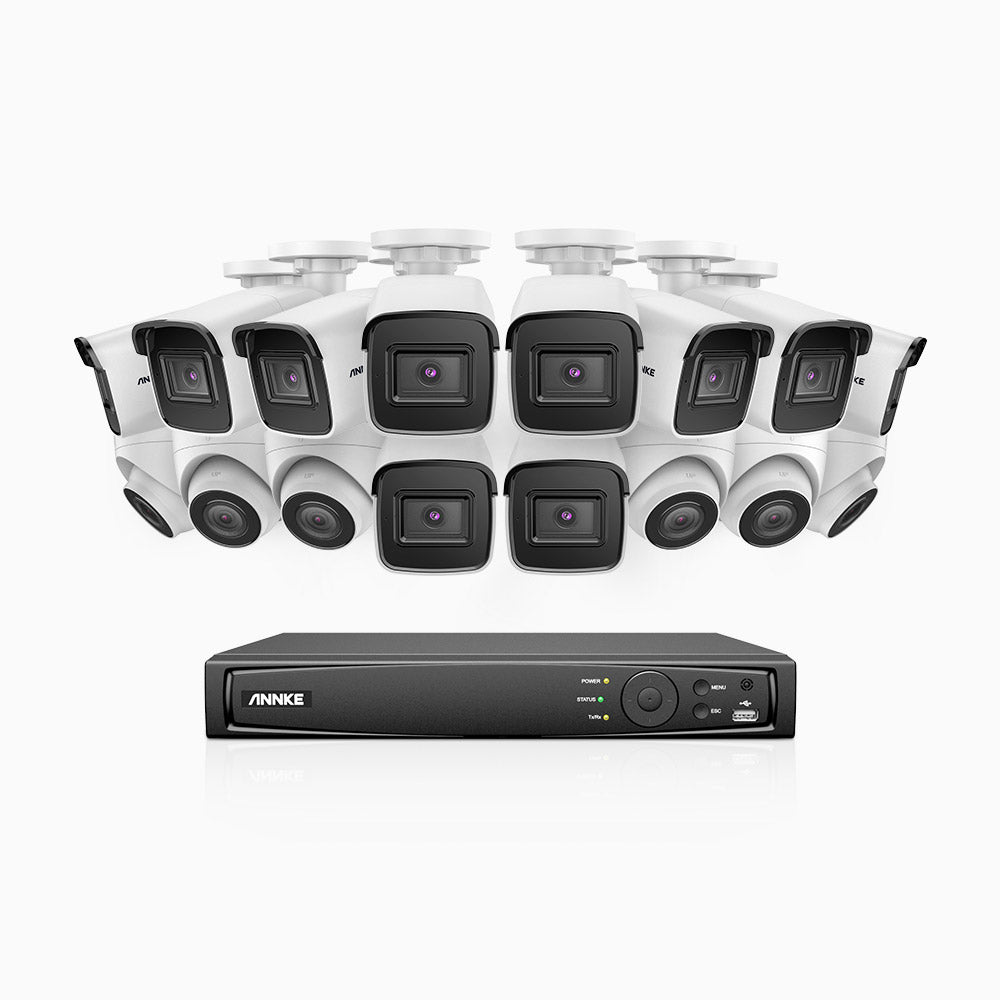 H800 - Kit videosorveglianza PoE 16 canali 8 MPX (4K), 10 telecamere bullet e 6 telecamere turret, visione notturna a colori e IR,microfono integrato, riconoscere di persone e veicoli, supporta ONVIF e RTSP