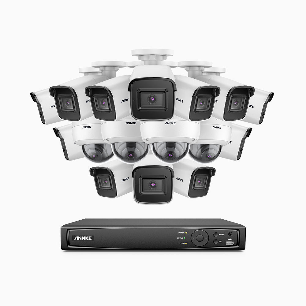 H800 - Kit videosorveglianza PoE 16 canali 8 MPX (4K), 12 telecamere bullet e 4 telecamere dome, resistente ai vandalismi IK10, visione notturna a colori e IR, microfono integrato, riconoscere di persone e veicoli, supporta ONVIF e RTSP