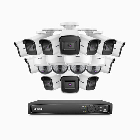 H800 - Kit videosorveglianza PoE 16 canali 8 MPX (4K), 12 telecamere bullet e 4 telecamere dome, resistente ai vandalismi IK10, visione notturna a colori e IR, microfono integrato, riconoscere di persone e veicoli, supporta ONVIF e RTSP