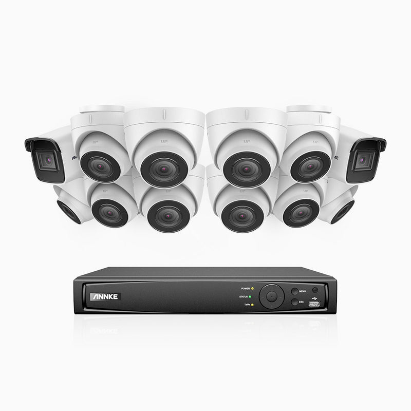H800 - Kit videosorveglianza PoE 16 canali 8 MPX (4K), 2 telecamere bullet e 10 telecamere turret, visione notturna a colori e IR,microfono integrato, riconoscere di persone e veicoli, supporta ONVIF e RTSP