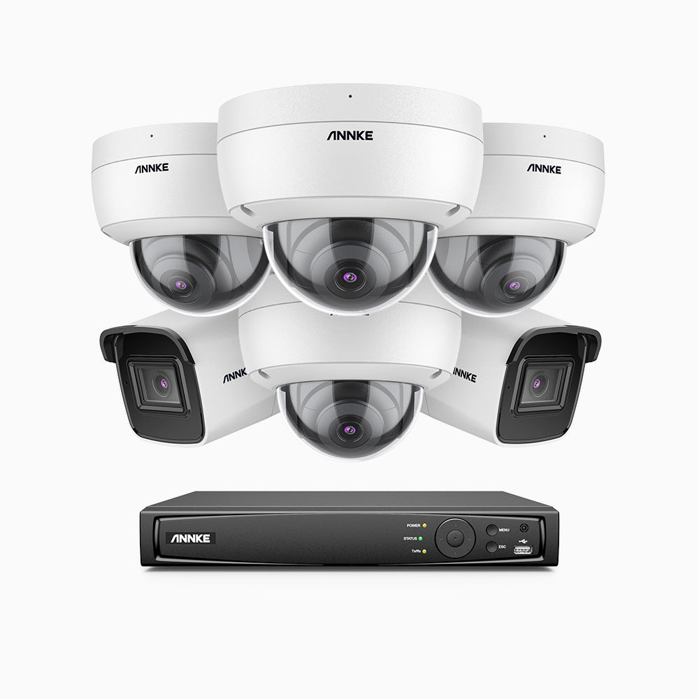 H800 - Kit videosorveglianza PoE 16 canali 8 MPX (4K), 2 telecamere bullet e 4 telecamere dome, resistente ai vandalismi IK10, visione notturna a colori e IR, microfono integrato, riconoscere di persone e veicoli, supporta ONVIF e RTSP