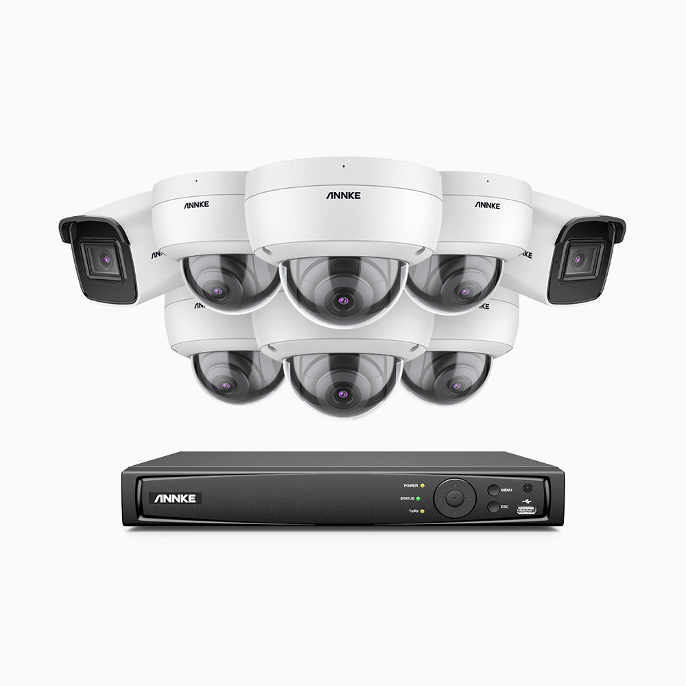 H800 - Kit videosorveglianza PoE 16 canali 8 MPX (4K), 2 telecamere bullet e 6 telecamere dome, resistente ai vandalismi IK10, visione notturna a colori e IR, microfono integrato, riconoscere di persone e veicoli, supporta ONVIF e RTSP