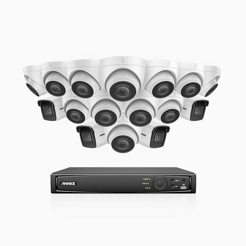 H800 - Kit videosorveglianza PoE 16 canali 8 MPX (4K), 4 telecamere bullet e 12 telecamere turret, visione notturna a colori e IR,microfono integrato, riconoscere di persone e veicoli, supporta ONVIF e RTSP