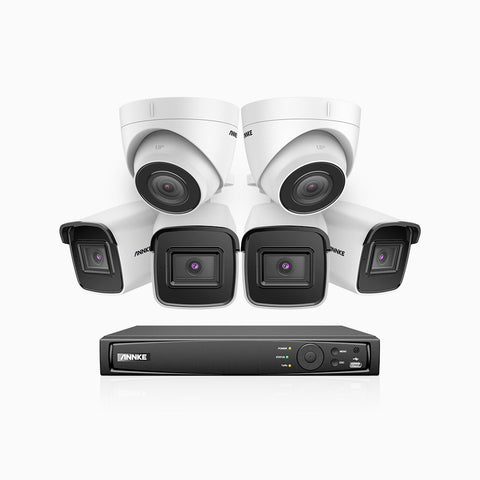 H800 - Kit videosorveglianza PoE 16 canali 8 MPX (4K), 4 telecamere bullet e 2 telecamere turret, visione notturna a colori e IR,microfono integrato, riconoscere di persone e veicoli, supporta ONVIF e RTSP