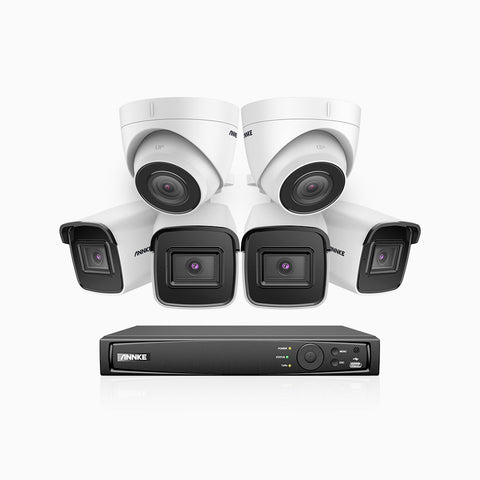 H800 - Kit videosorveglianza PoE 8 canali 8 MPX (4K), 4 telecamere bullet e 2 telecamere turret, visione notturna a colori e IR,microfono integrato, riconoscere di persone e veicoli, supporta ONVIF e RTSP