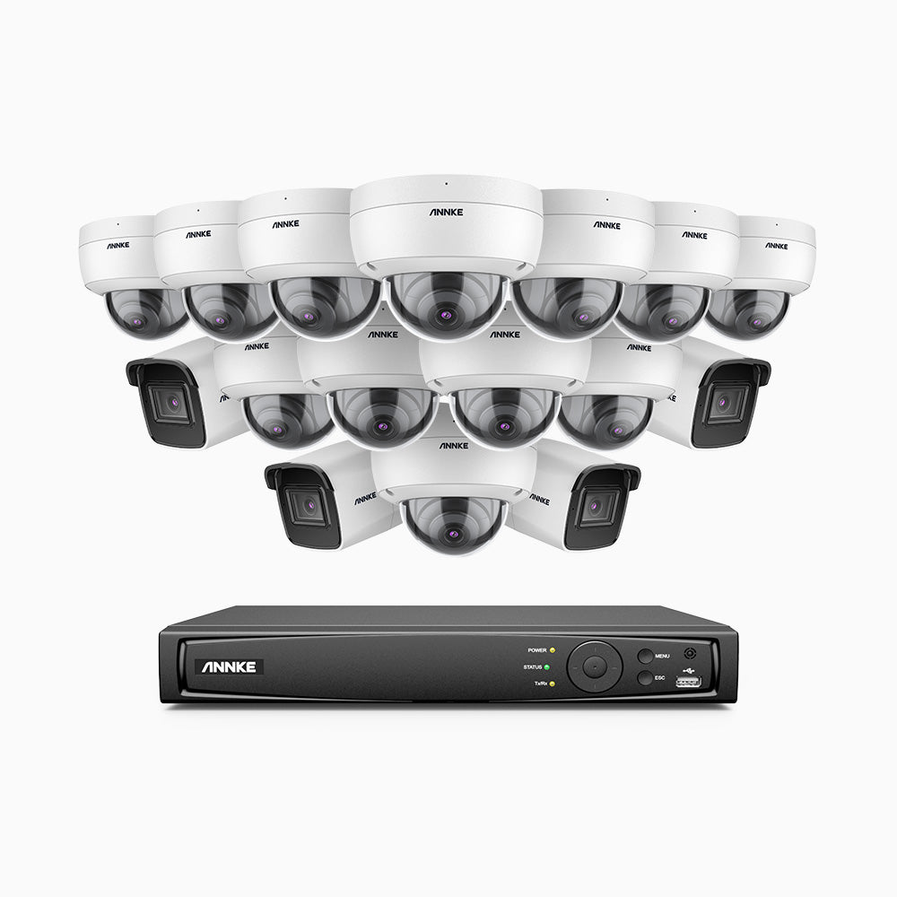 H800 - Kit videosorveglianza PoE 16 canali 8 MPX (4K), 4 telecamere bullet e 12 telecamere dome, resistente ai vandalismi IK10, visione notturna a colori e IR, microfono integrato, riconoscere di persone e veicoli, supporta ONVIF e RTSP