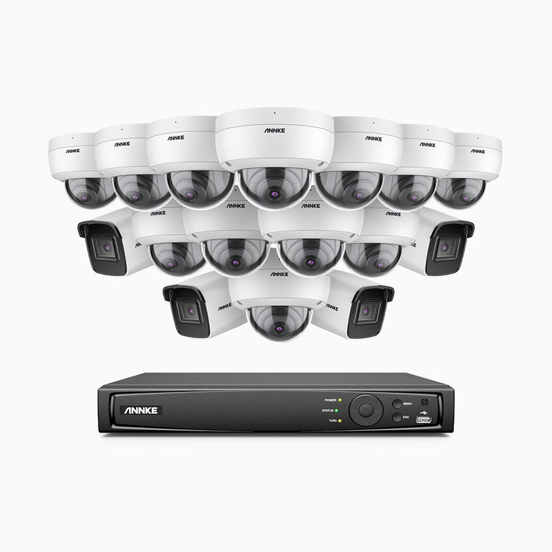 H800 - Kit videosorveglianza PoE 16 canali 8 MPX (4K), 4 telecamere bullet e 12 telecamere dome, resistente ai vandalismi IK10, visione notturna a colori e IR, microfono integrato, riconoscere di persone e veicoli, supporta ONVIF e RTSP