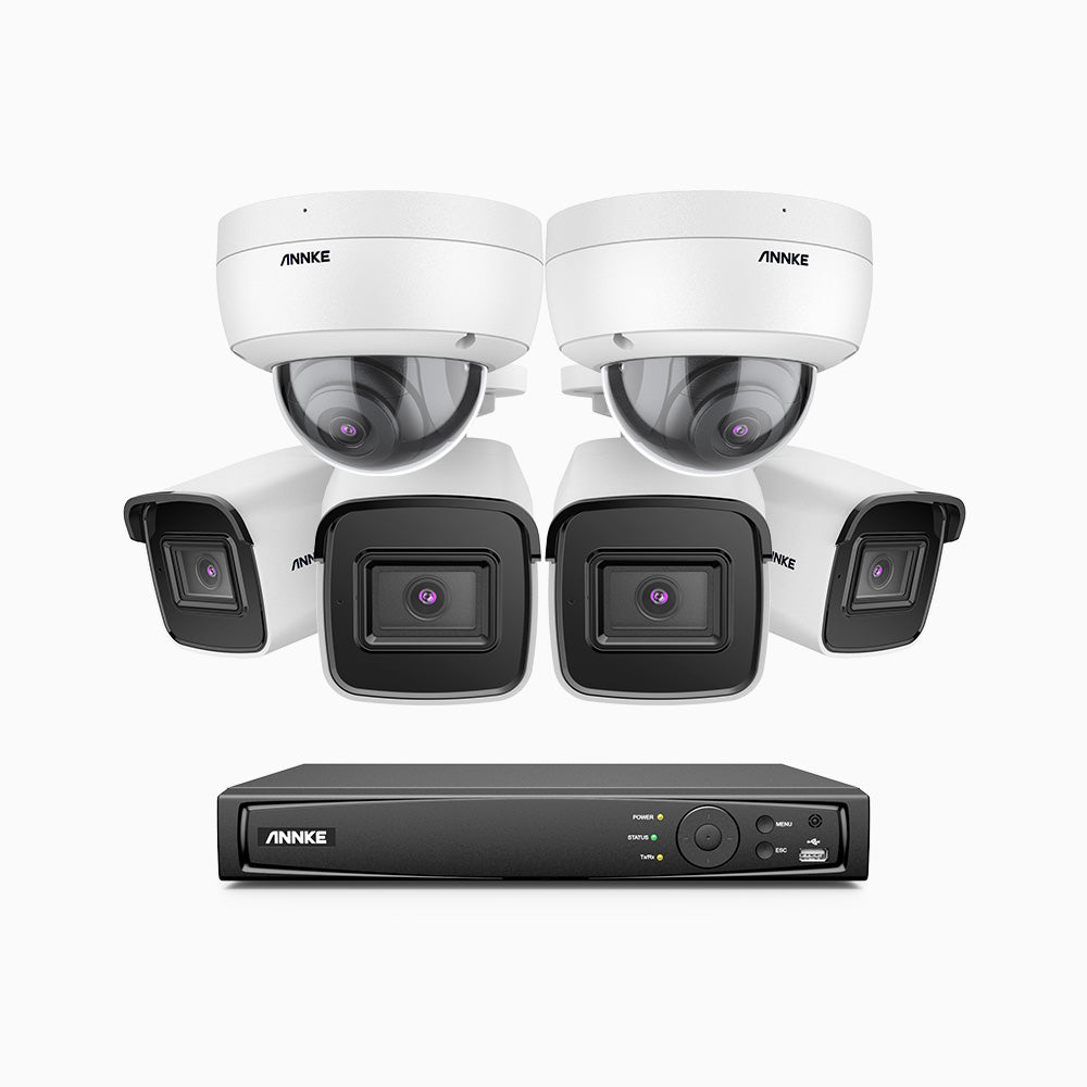 H800 - Kit videosorveglianza PoE 16 canali 8 MPX (4K), 4 telecamere bullet e 2 telecamere dome, resistente ai vandalismi IK10, visione notturna a colori e IR, microfono integrato, riconoscere di persone e veicoli, supporta ONVIF e RTSP