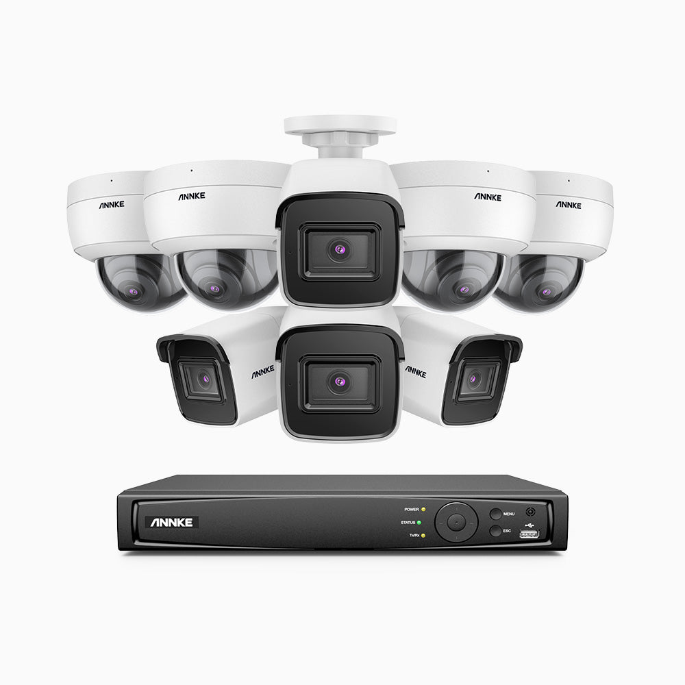 H800 - Kit videosorveglianza PoE 16 canali 8 MPX (4K), 4 telecamere bullet e 4 telecamere dome, resistente ai vandalismi IK10, visione notturna a colori e IR, microfono integrato, riconoscere di persone e veicoli, supporta ONVIF e RTSP