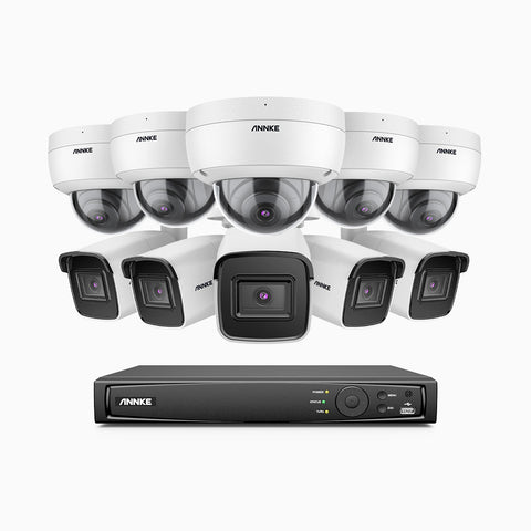 H800 - Kit videosorveglianza PoE 16 canali 8 MPX (4K), 5 telecamere bullet e 5 telecamere dome, resistente ai vandalismi IK10, visione notturna a colori e IR, microfono integrato, riconoscere di persone e veicoli, supporta ONVIF e RTSP