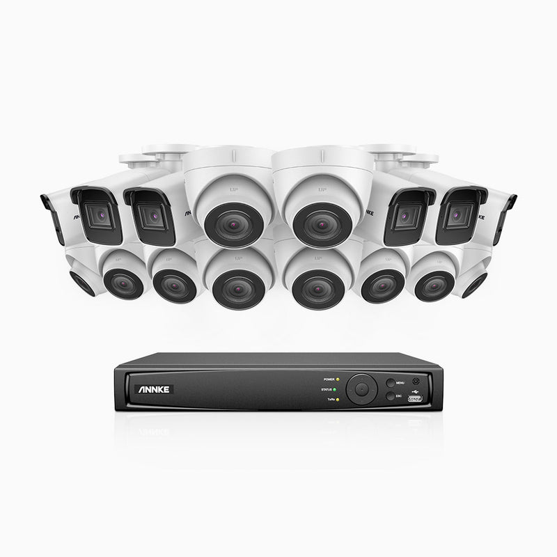H800 - Kit videosorveglianza PoE 16 canali 8 MPX (4K), 6 telecamere bullet e 10 telecamere turret, visione notturna a colori e IR,microfono integrato, riconoscere di persone e veicoli, supporta ONVIF e RTSP