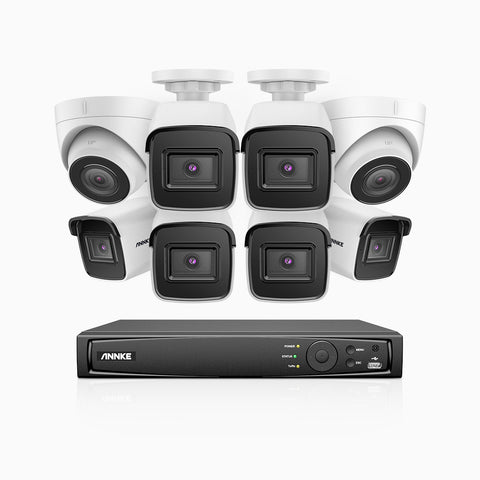 H800 - Kit videosorveglianza PoE 16 canali 8 MPX (4K), 6 telecamere bullet e 2 telecamere turret, visione notturna a colori e IR,microfono integrato, riconoscere di persone e veicoli, supporta ONVIF e RTSP