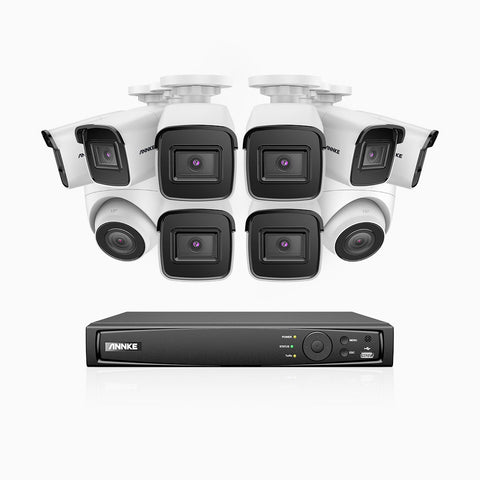 H800 - Kit videosorveglianza PoE 16 canali 8 MPX (4K), 8 telecamere bullet e 2 telecamere turret, visione notturna a colori e IR,microfono integrato, riconoscere di persone e veicoli, supporta ONVIF e RTSP