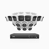 H800 - Kit videosorveglianza PoE 16 canali 8 MPX (4K), 8 telecamere bullet e 8 telecamere turret, visione notturna a colori e IR,microfono integrato, riconoscere di persone e veicoli, supporta ONVIF e RTSP