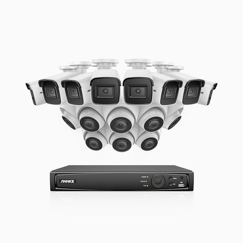 H800 - Kit videosorveglianza PoE 16 canali 8 MPX (4K), 8 telecamere bullet e 8 telecamere turret, visione notturna a colori e IR,microfono integrato, riconoscere di persone e veicoli, supporta ONVIF e RTSP
